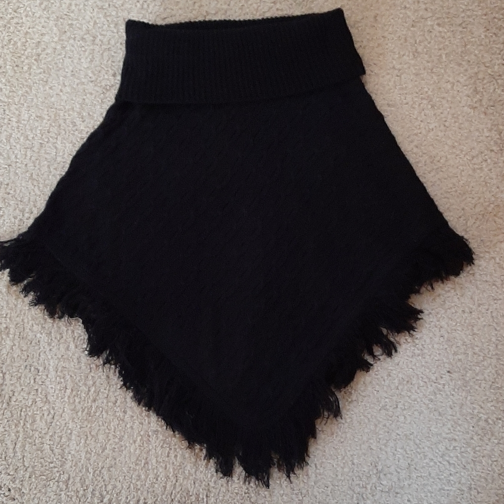 Black Knit Poncho with Fringe